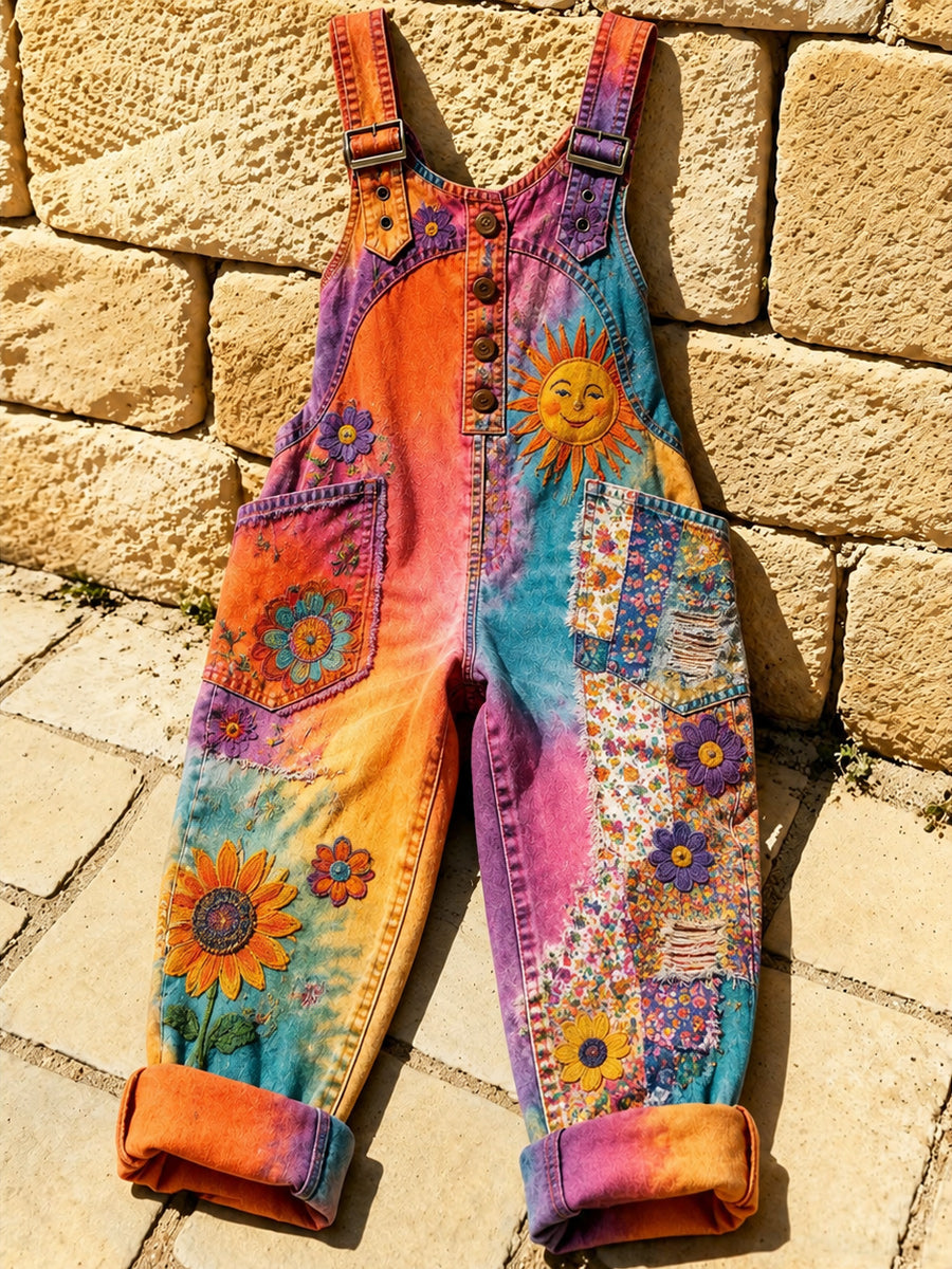 Women's Retro Style Art Print Washed Cotton Denim Patchwork Jumpsuit