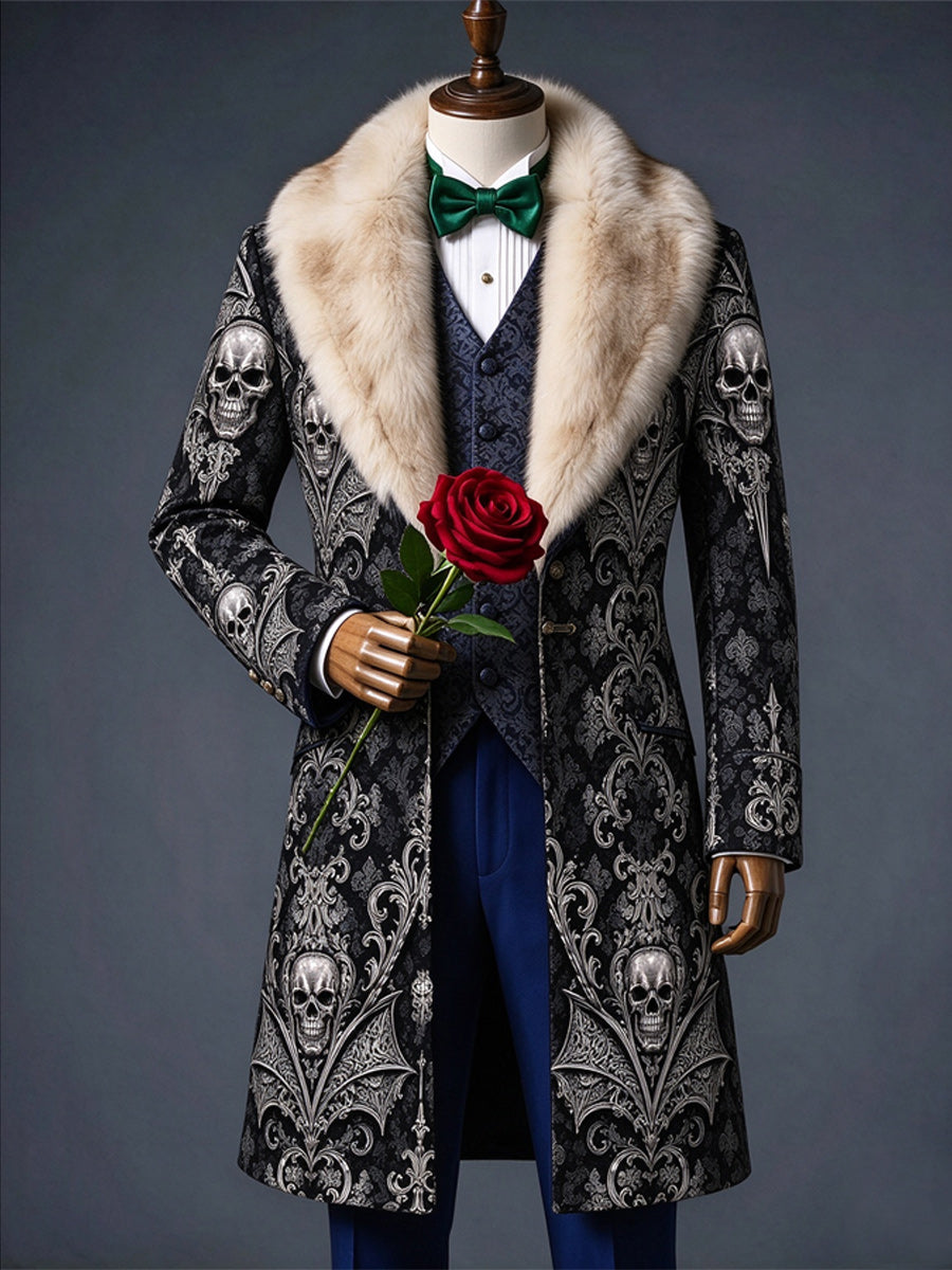 Men's Christmas Art Print Fur Shawl Collar Double Breasted Long Overcoat