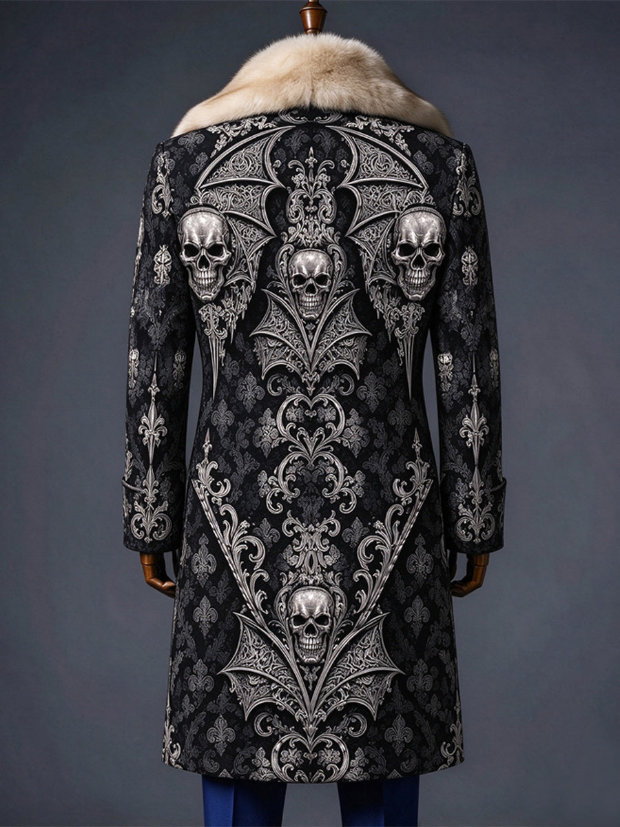 Men's Christmas Art Print Fur Shawl Collar Double Breasted Long Overcoat