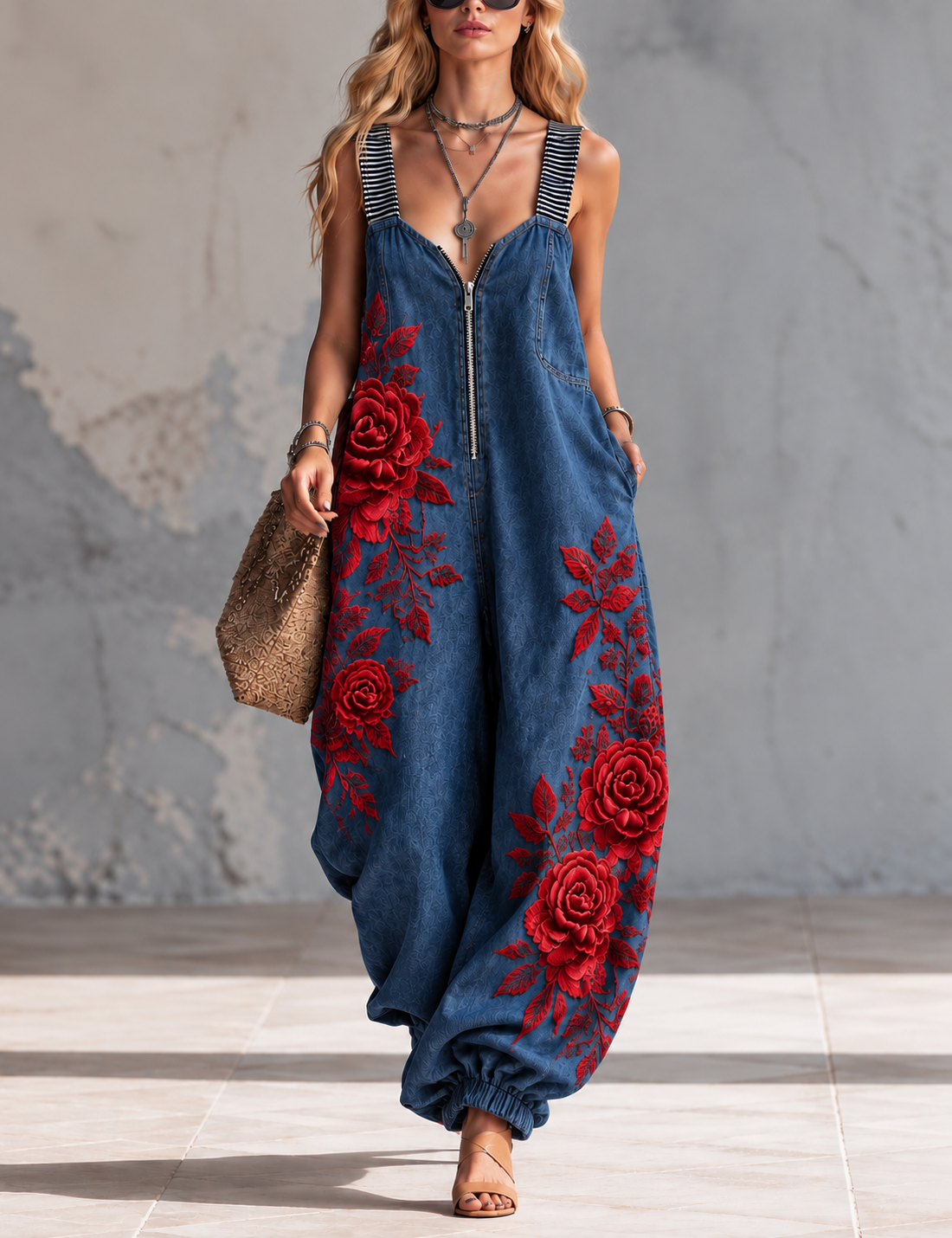 Women's Retro Art Print Suspender Zip-Up Cuffed Jumpsuit