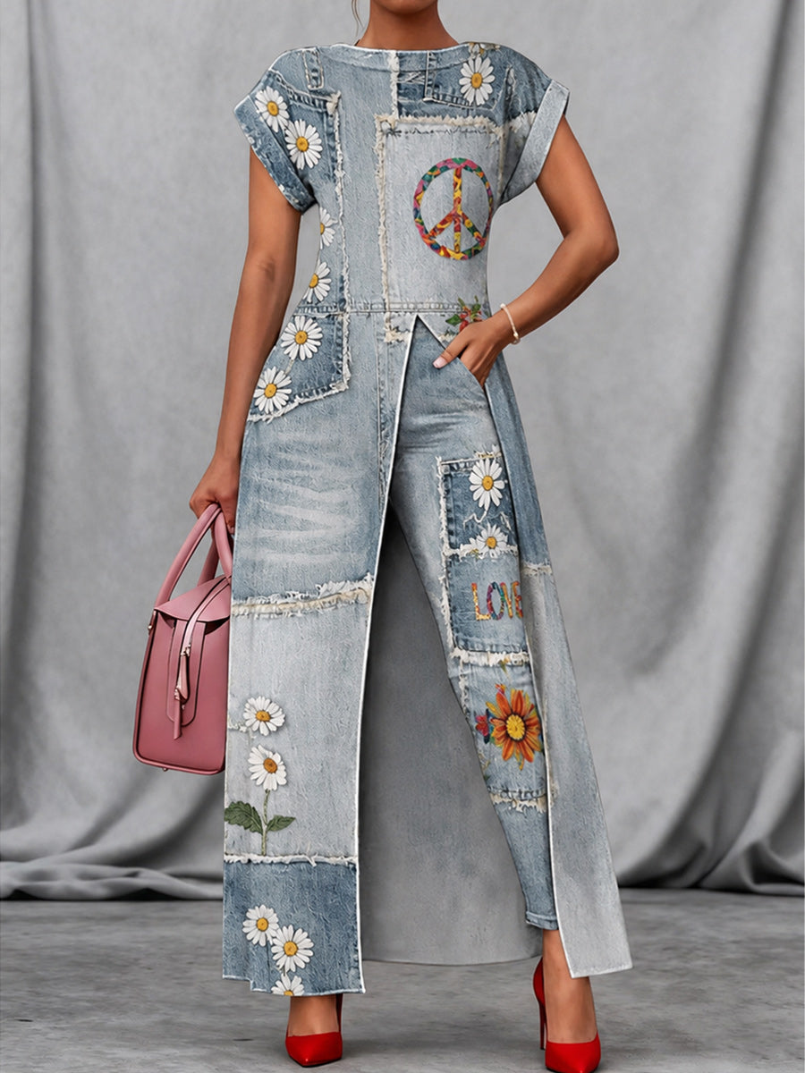 Retro Style Art Print Vintage Long Split Shirts Dress Skinny Pants Two-Piece Set