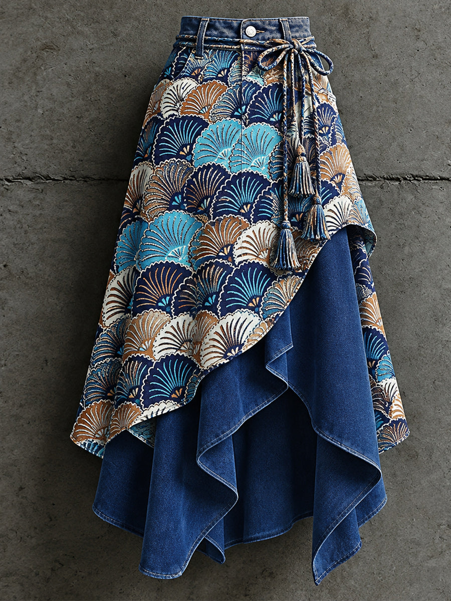 Women's Retro Style Art Print Irregularly Layered Stitched Skirt