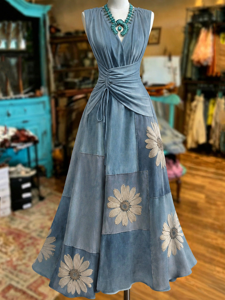 Retro Style Art Printed Elegant V-Neck Vintage Short-Sleeved Maxi Dress