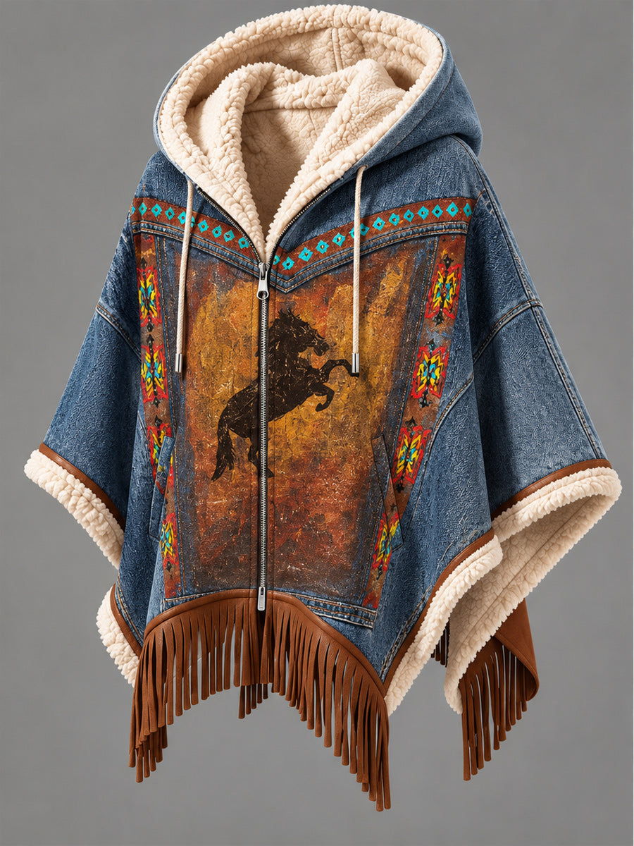Women's Fall Winter Vintage Art Fleece-Lined Hooded Fringe Poncho