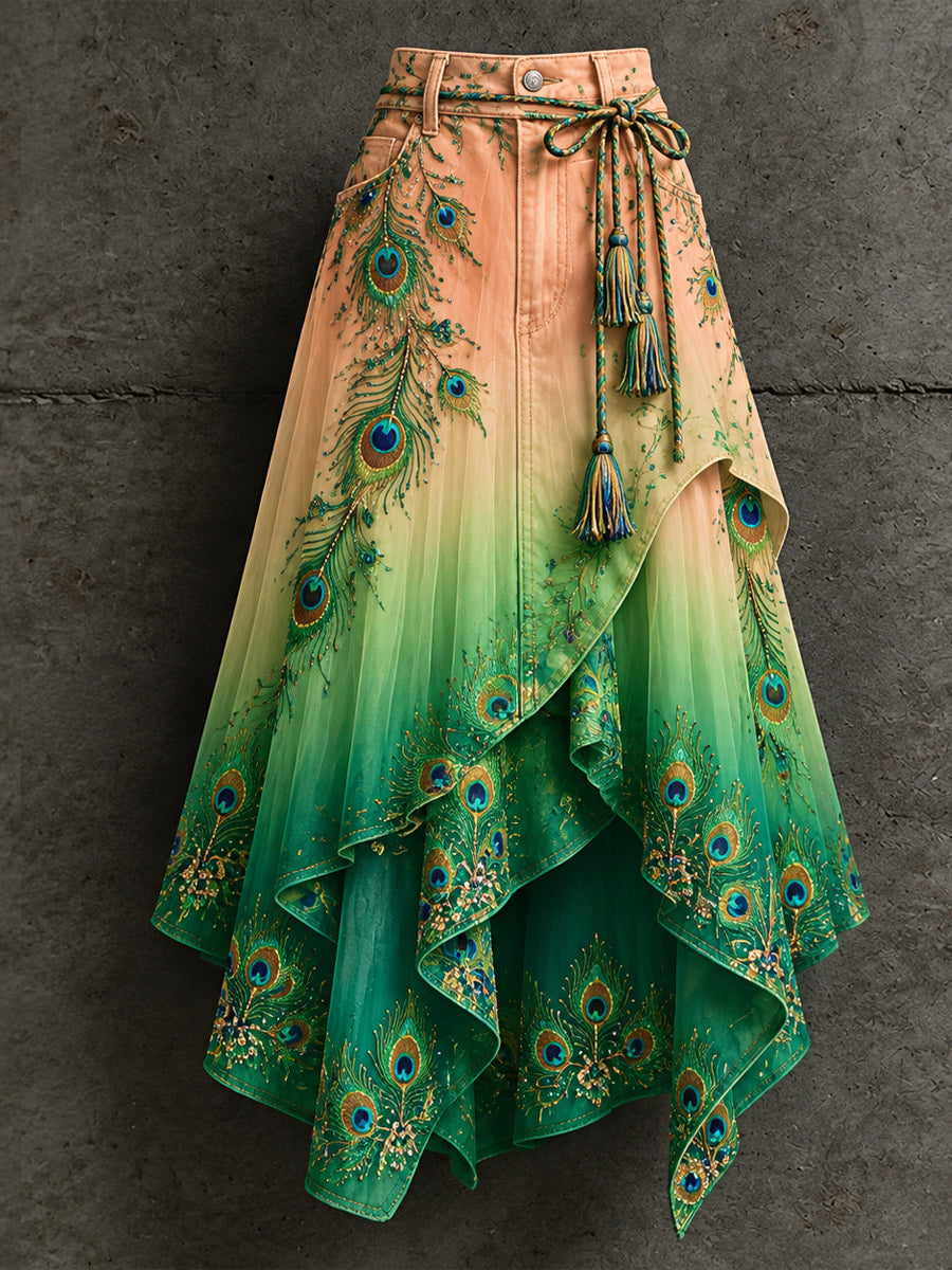 Women's Retro Style Art Print Irregularly Layered Stitched Skirt