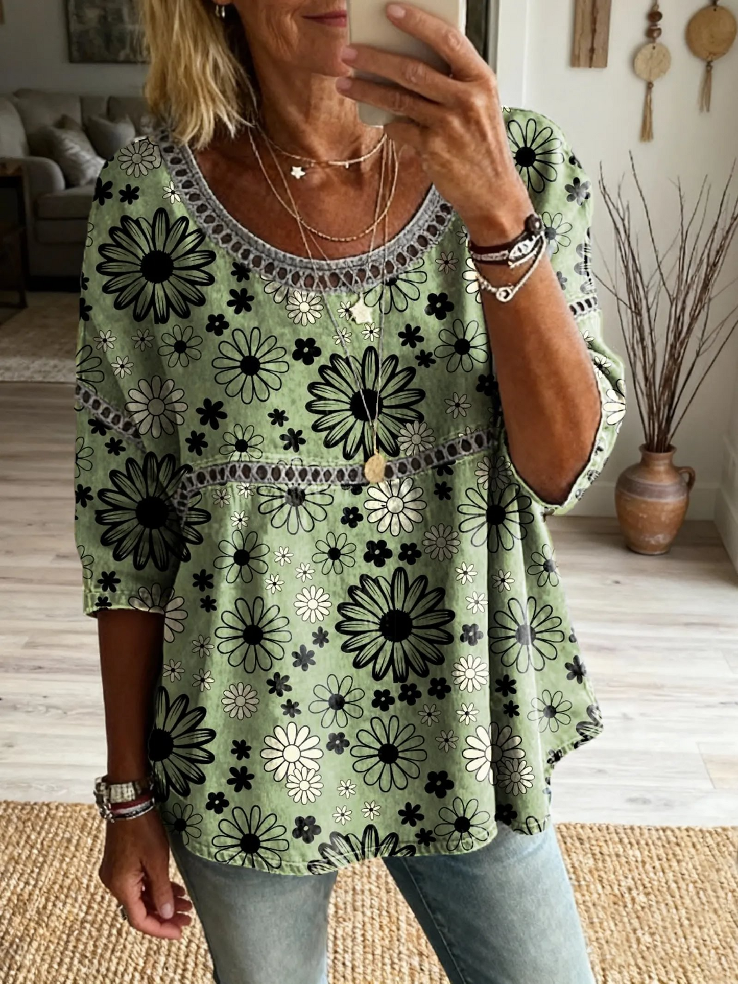 Bohemian Vintage Floral Art Print Casual Round Neck Top