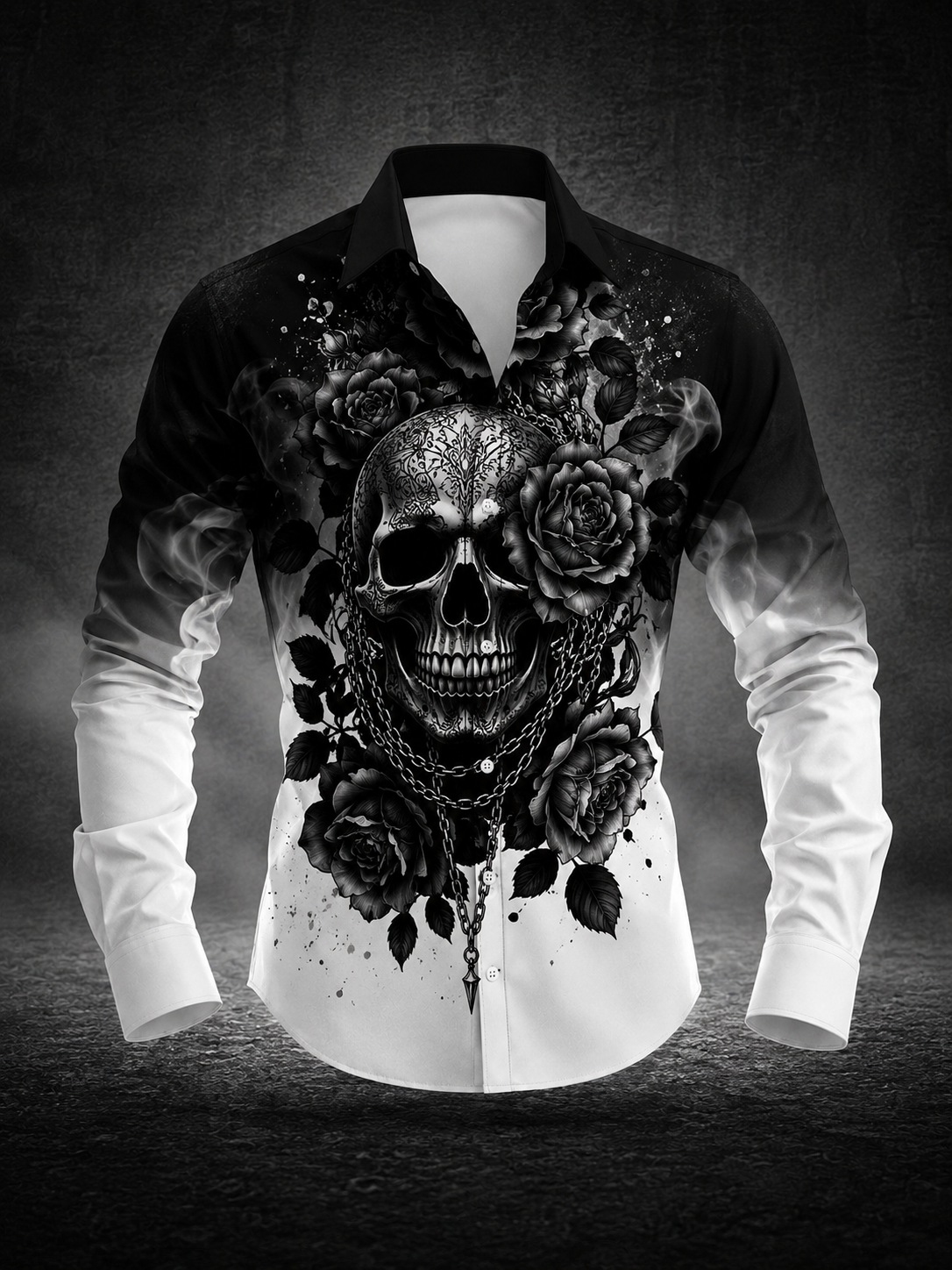 Retro Gothic Rose Skull Art Print Pure Cotton Retro Casual Long-Sleeve Shirt