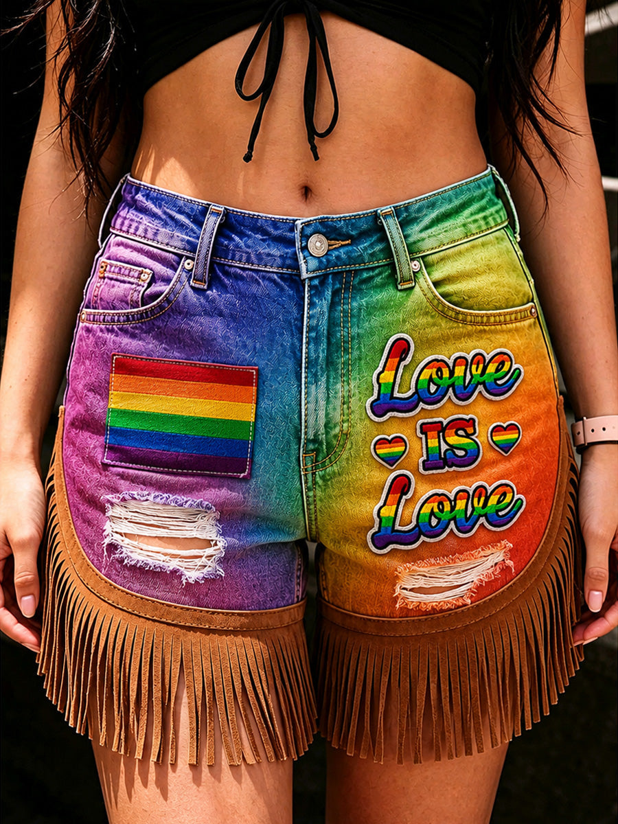 Pride Month Art Print Casual Leather Fringe Patchwork Pocket Shorts