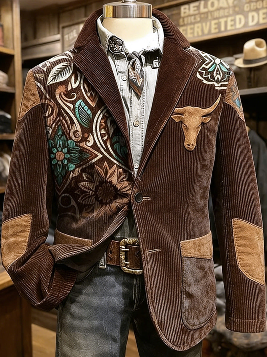 Men's Retro Western Style Paisley Art Print Casual Corduroy Pocket Blazers
