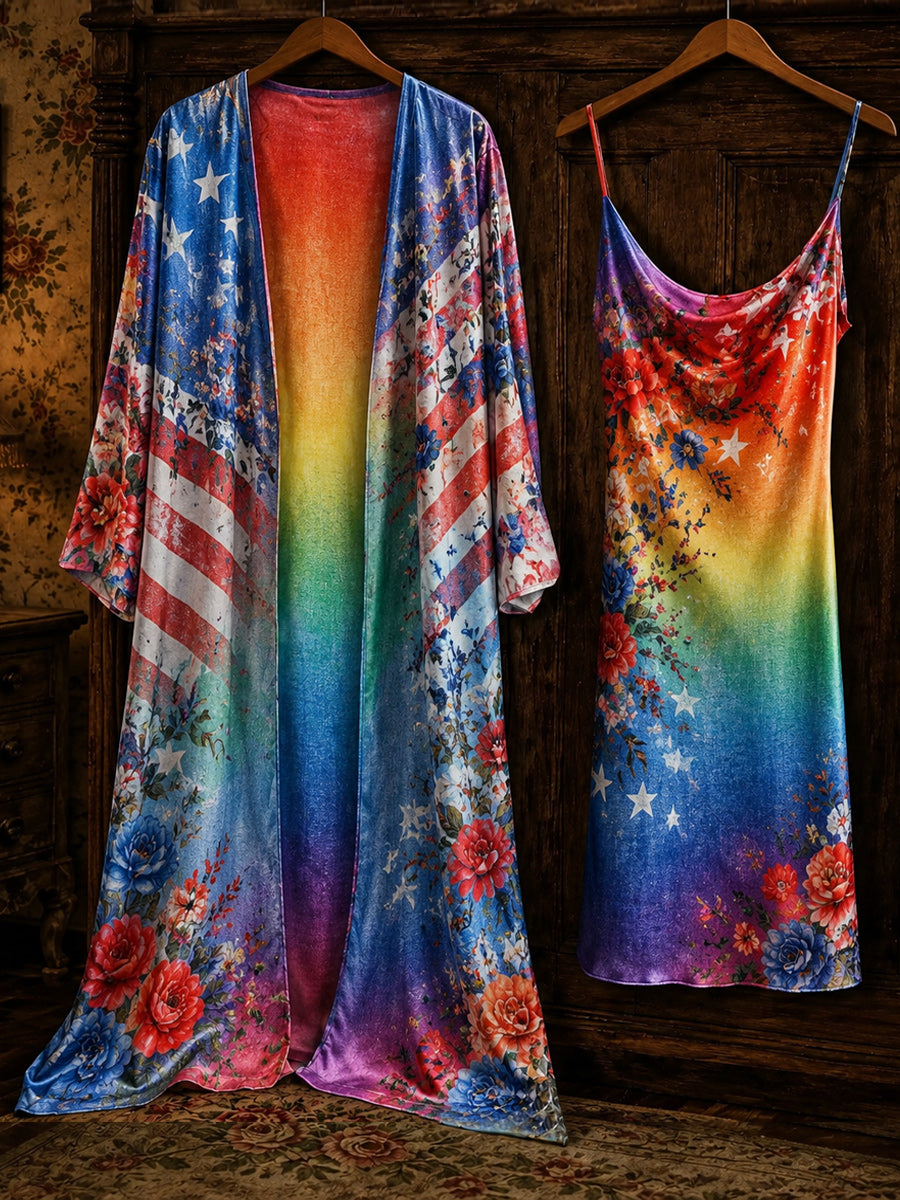 Retro Pride Month Rainbow Art Printed Vintage Camisole Dress Long Sleeve Two-Piece Midi Dress