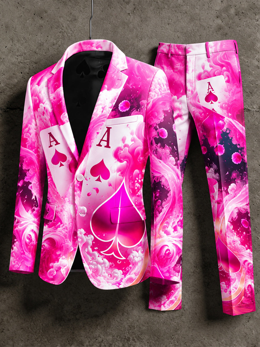 Men's Retro Style Poker Art Print Casual Jacket Trousers Two-Piece Suits