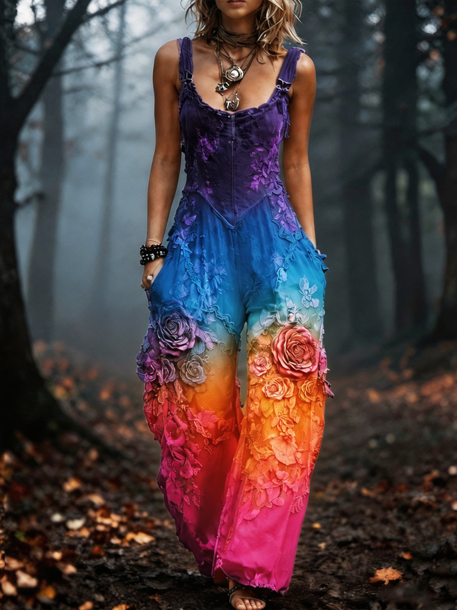Women's Retro Style Art Print Washed Cotton Denim Patchwork Jumpsuit