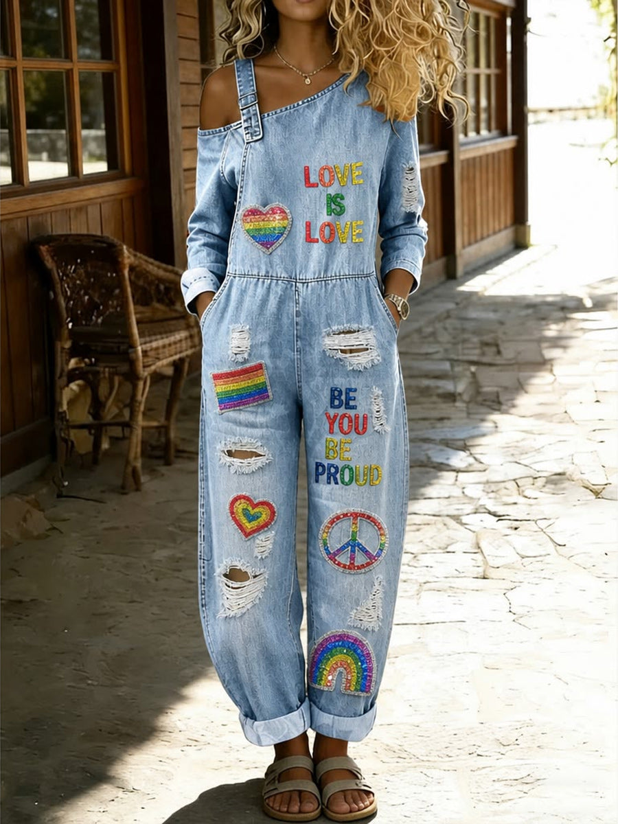Women's Retro Pride Month Rainbow Art Print Washed Cotton Denim Patchwork Jumpsuit