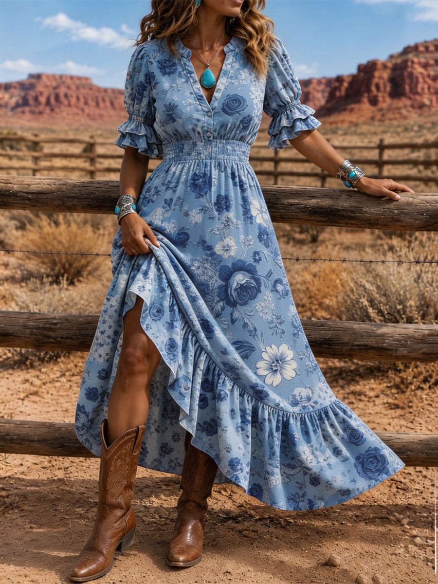 Women's Retro Art Print Washed Cotton Layered Patchwork Midi Dress