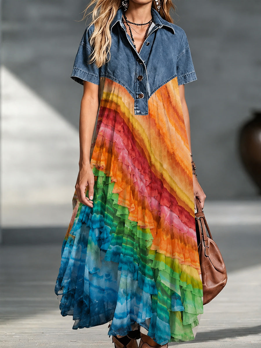 Denim Spliced Gradient Floral Shirt Maxi Dress