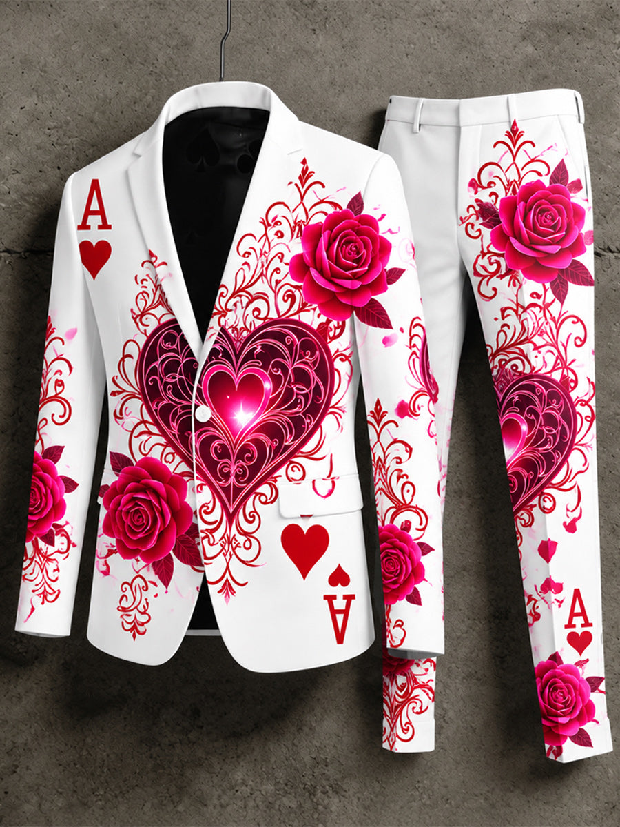 Men's Retro Style Poker Art Print Casual Jacket Trousers Two-Piece Suits