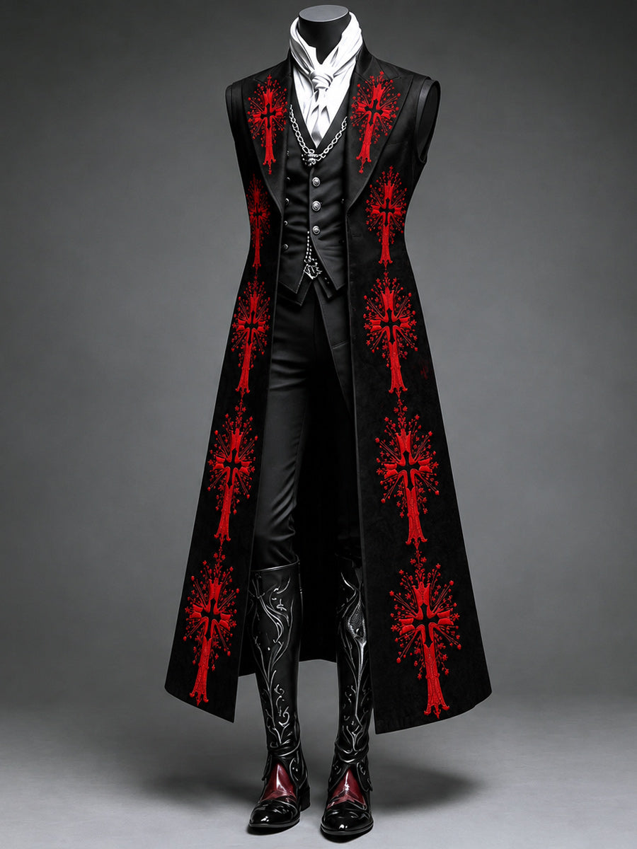 Men's Gothic Punk Art Print Casual Sleeveless Long-Style Suit Blazer Jacket