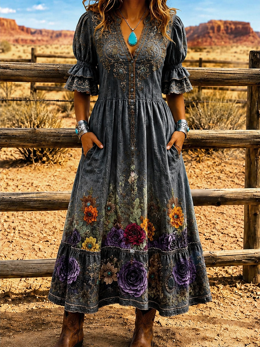 Women's Retro Art Print Washed Cotton Lace Patchwork Midi Dress