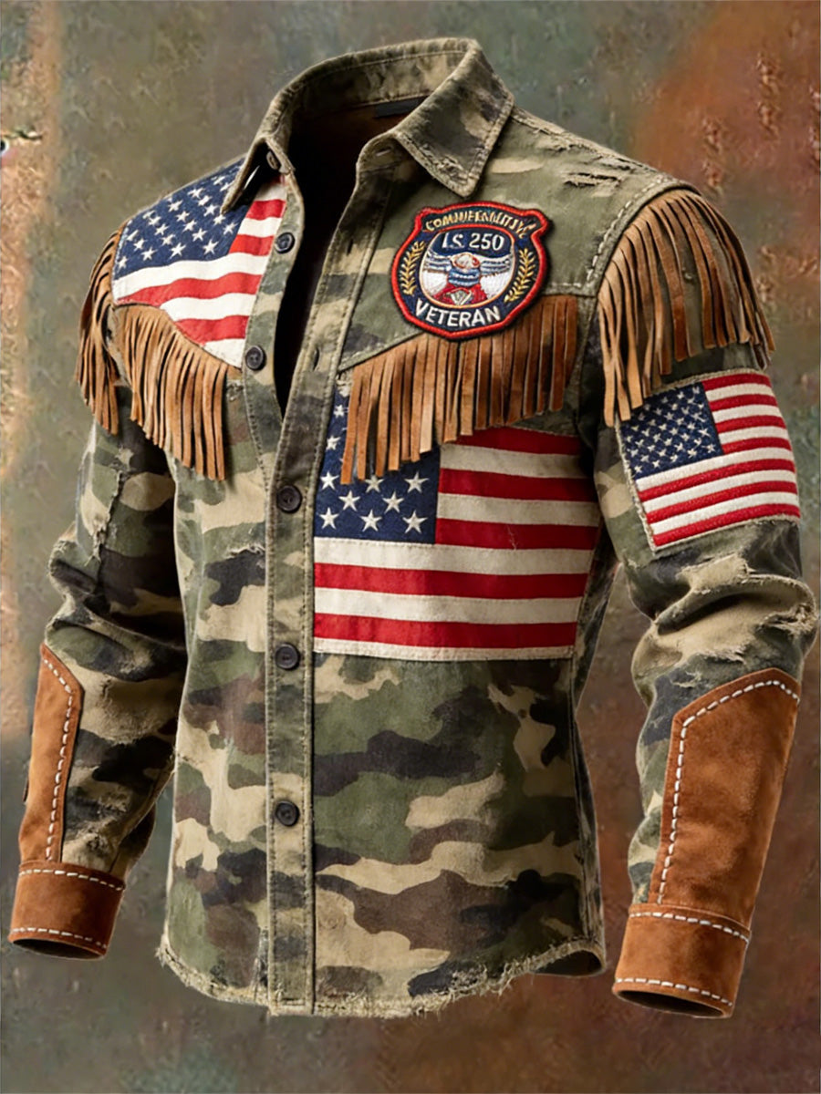 Men's Retro U.S 250 Commemorative Veteran Print Western Vintage Tassel Casual Long Sleeve Shirt