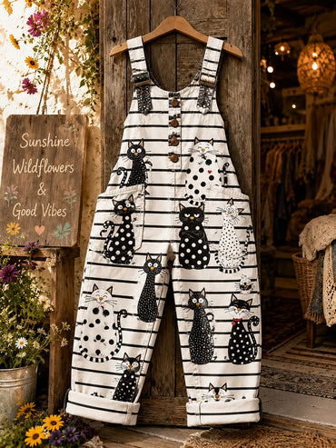 Women's Retro Style Art Print Washed Cotton Denim Patchwork Jumpsuit