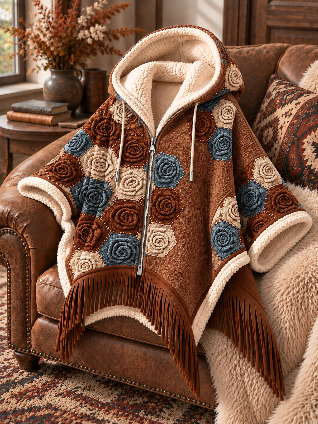 Women's Fall Winter Vintage Art Fleece-Lined Hooded Fringe Poncho
