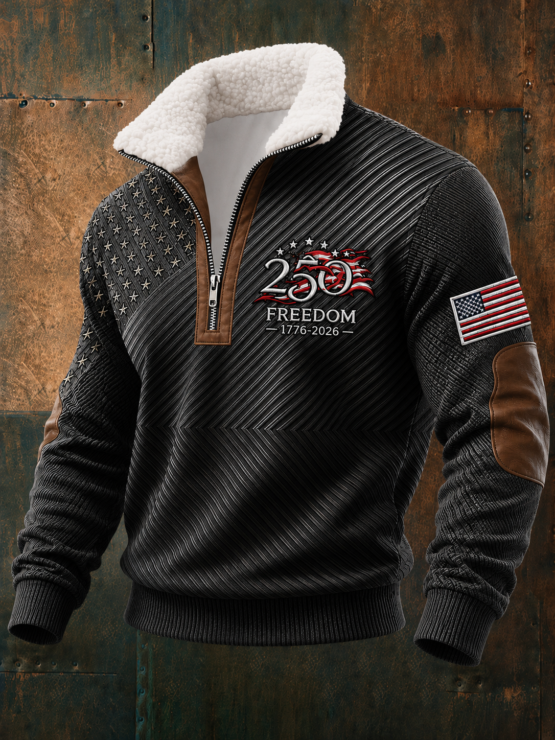 Men's U.S. 250th Anniversary Commemorative Jacquard Fabric Zipper Fur Collar Long Sleeve Sweatshirt
