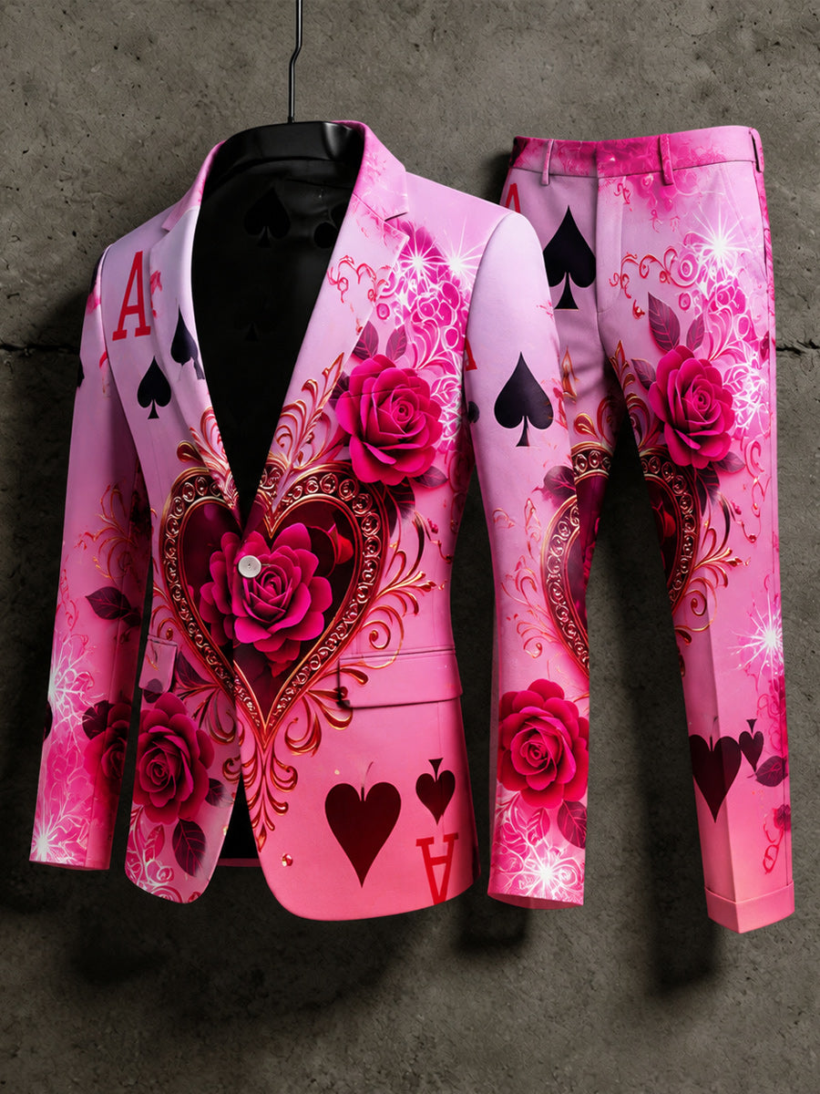 Men's Retro Style Poker Art Print Casual Jacket Trousers Two-Piece Suits