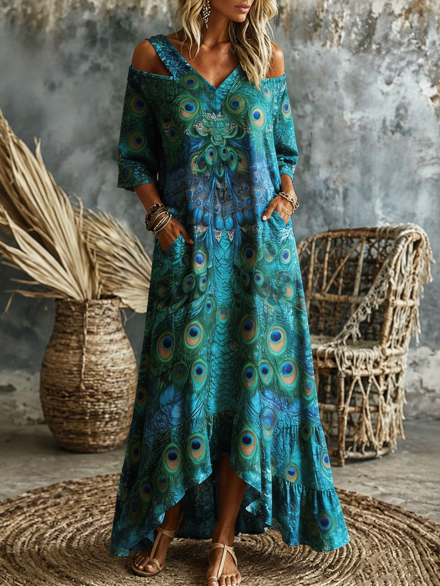 Women's Retro Art Print Washed Cotton V-Neck Maxi Dress
