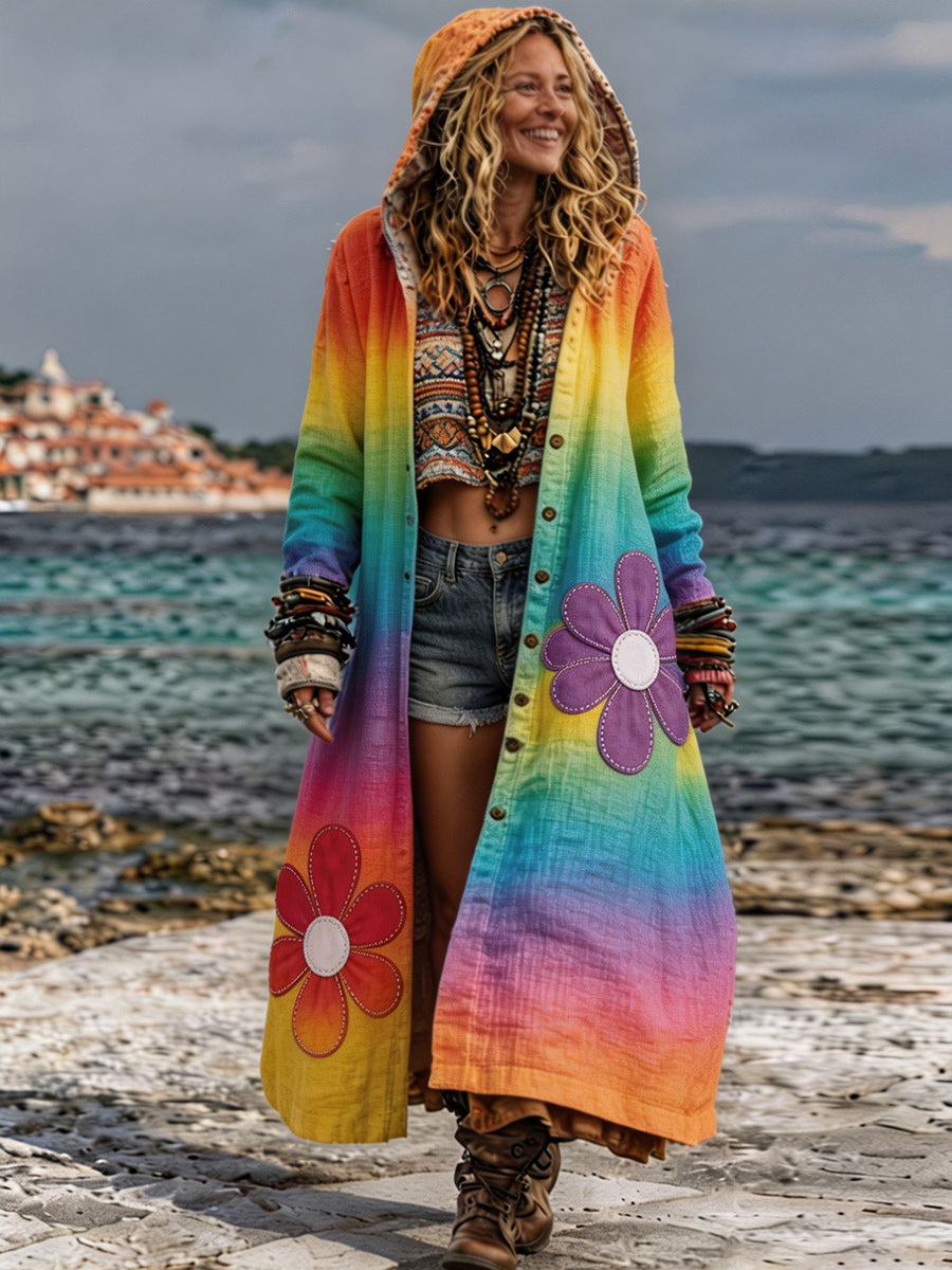 Retro Bohemian Style Art Printed Cotton Buttoned Hooded Casual Loose Long-Sleeved Shirt