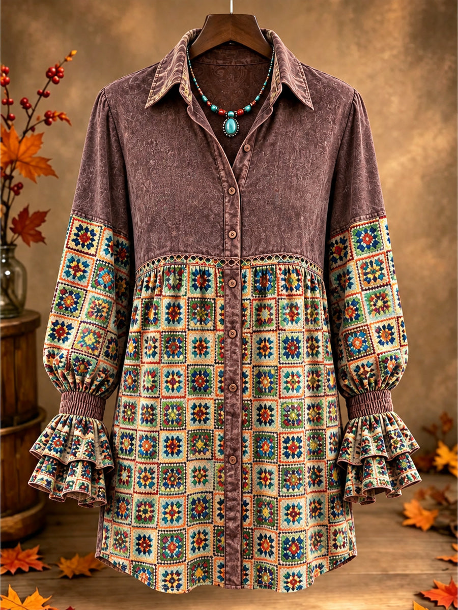 Women's Casual Art Print Retro V-Neck Layered Stitched Long Sleeve Shirt