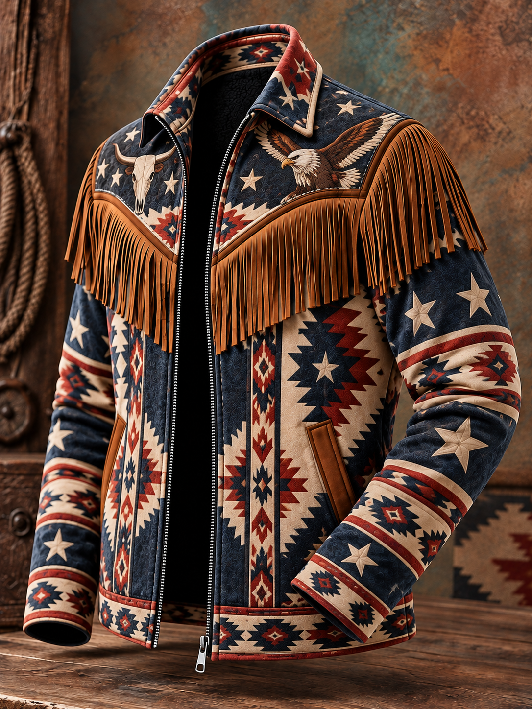 Men's Western Style Art Print Vintage Long Sleeve Fringe Jacket
