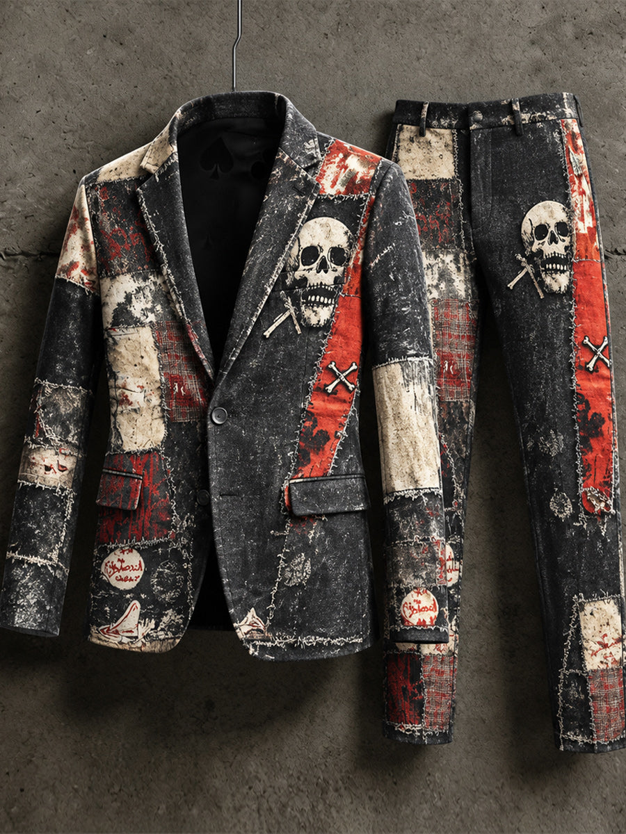 Men's Retro Style Poker Art Print Casual Jacket Trousers Two-Piece Suits