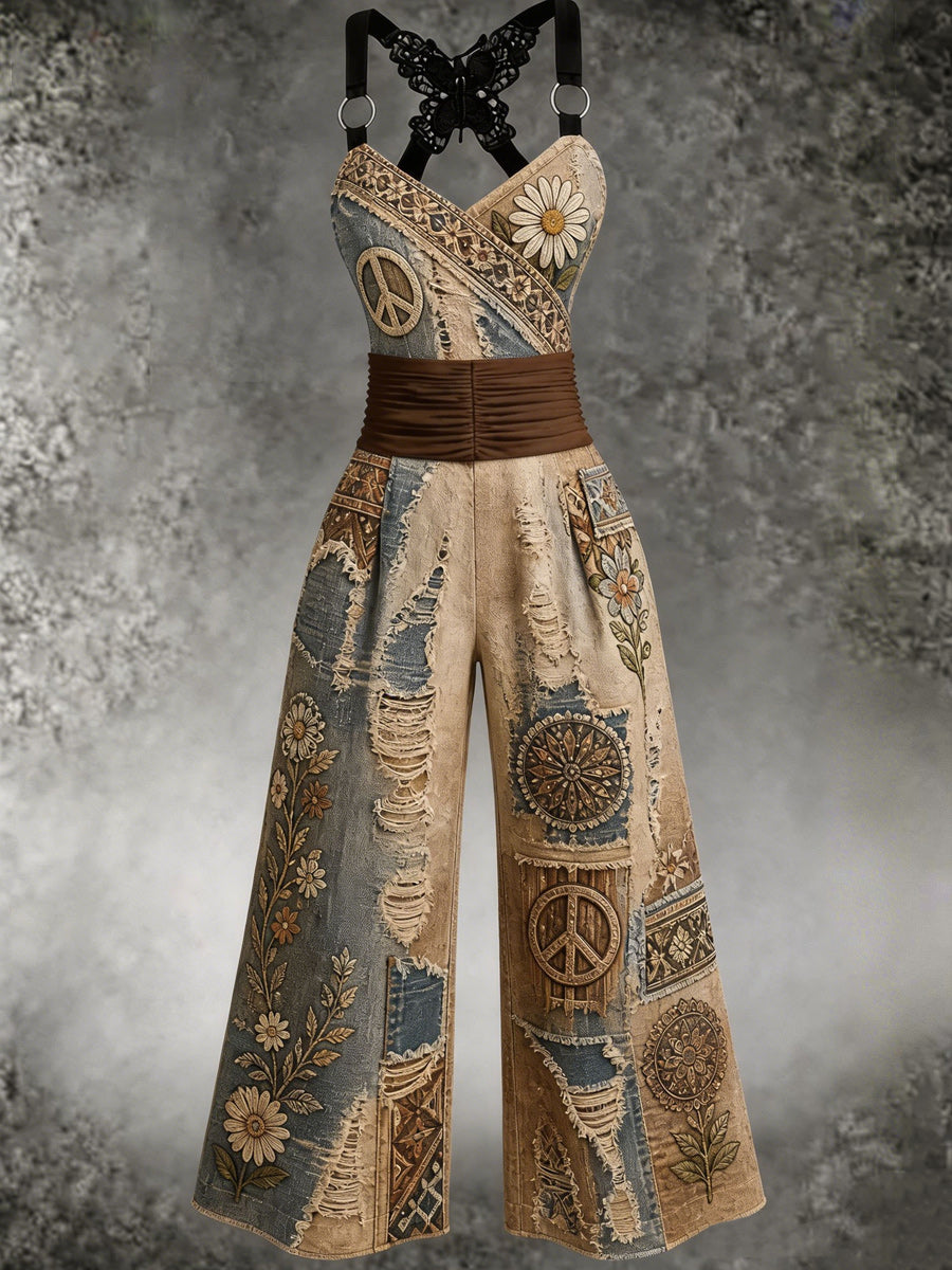 Women's Retro Art Print Butterfly Cross Adjustable Shoulder Strap Casual Jumpsuit