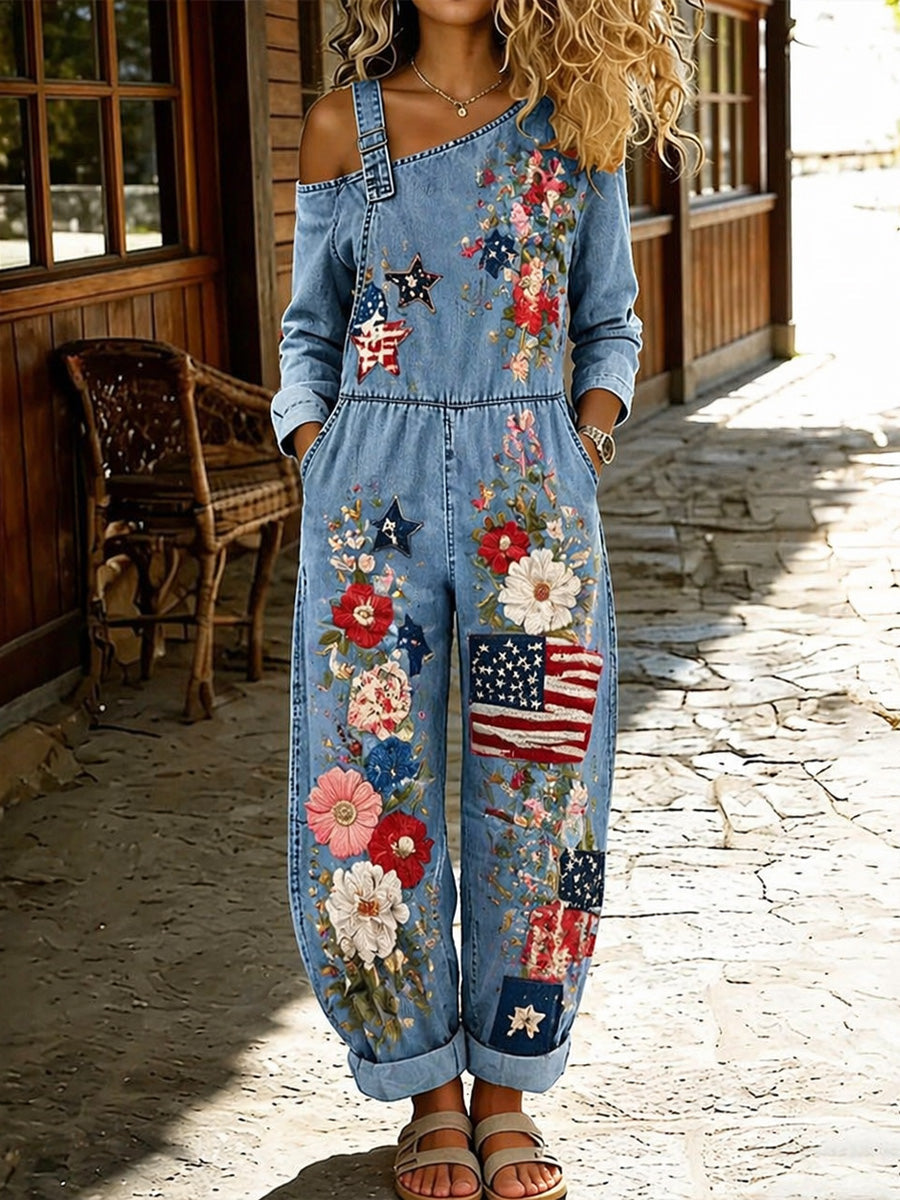 Women's Retro Style Floral Art Print Washed Cotton Denim Patchwork Jumpsuit