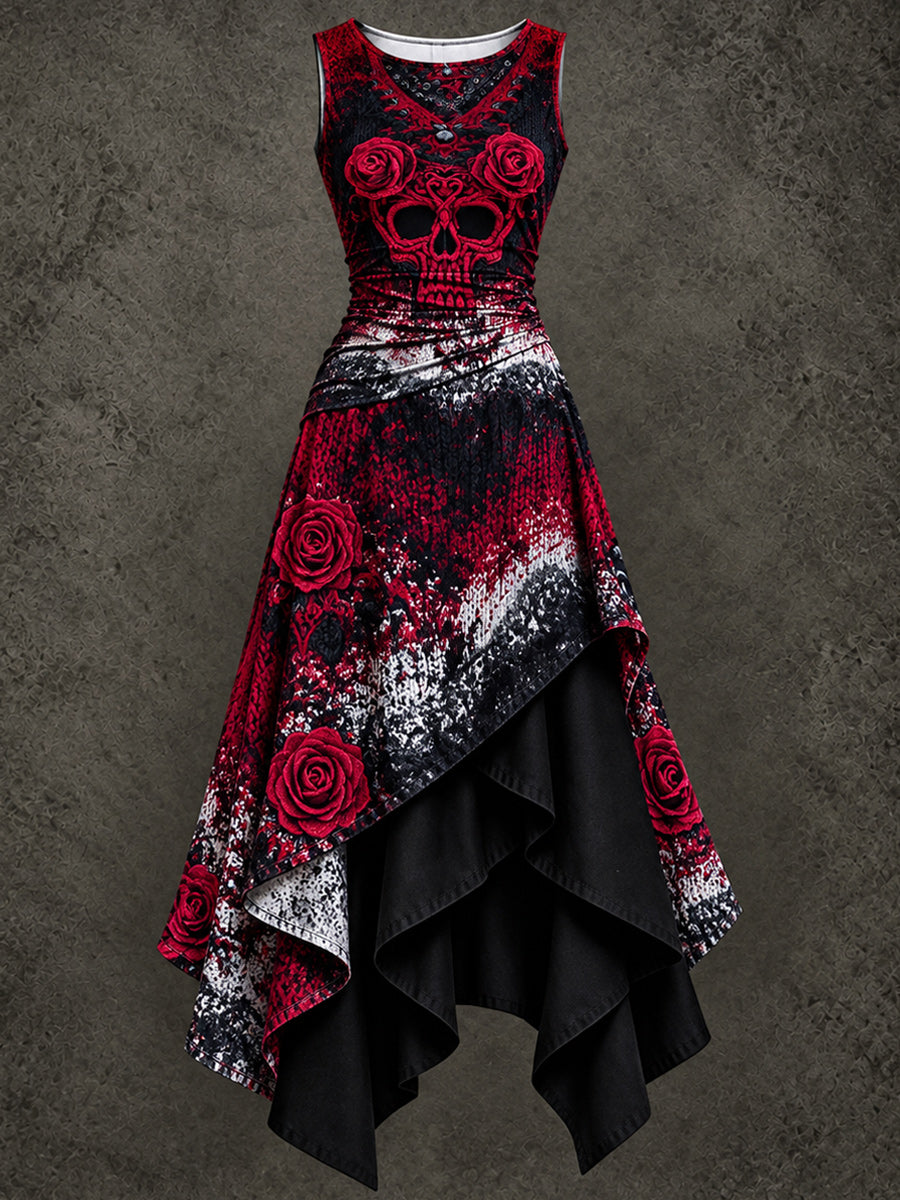 Retro Art Printed Vintage Sleeveless Irregularly Layered Stitched Midi Dress
