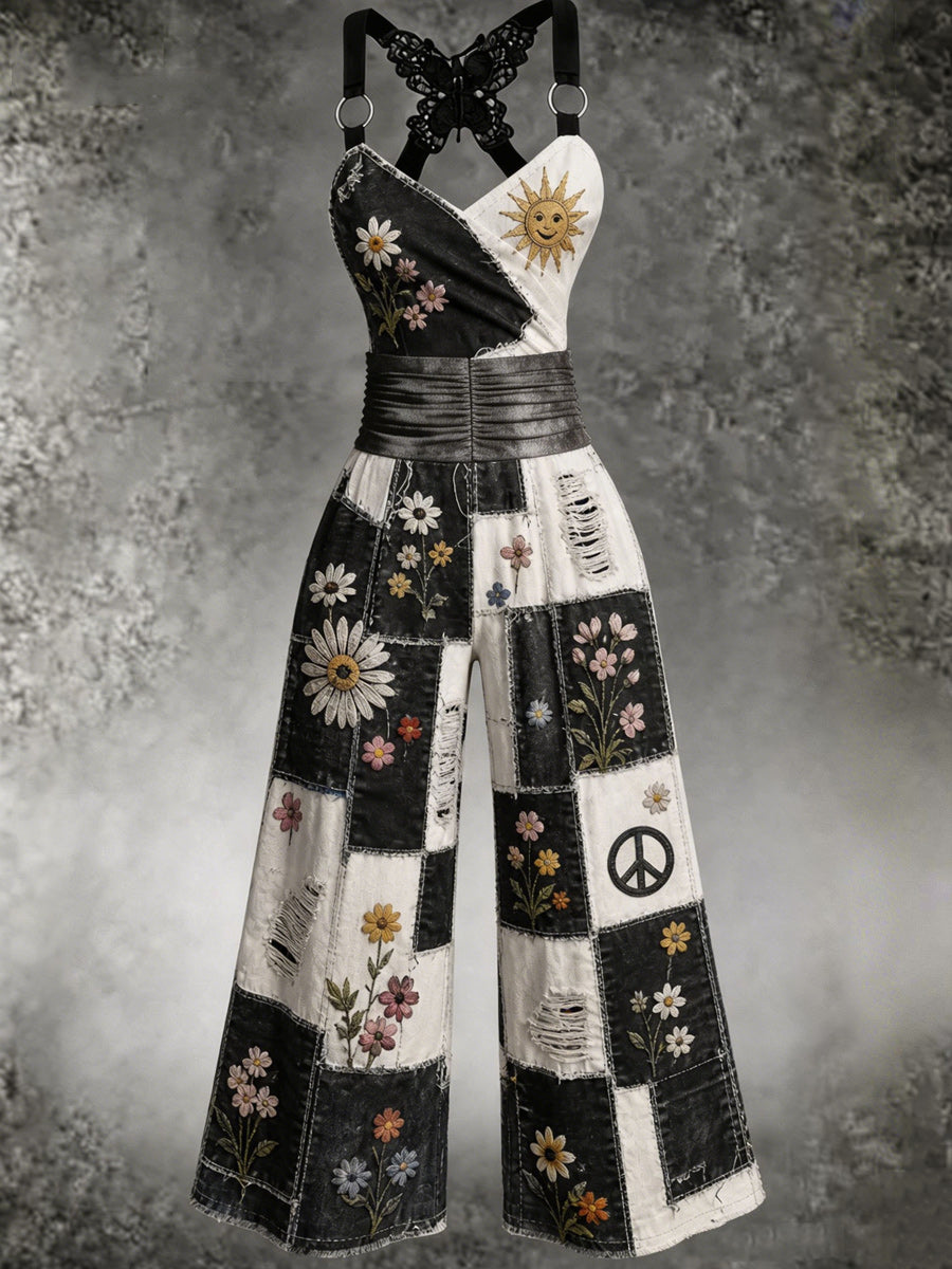 Women's Retro Art Print Butterfly Cross Adjustable Shoulder Strap Casual Jumpsuit