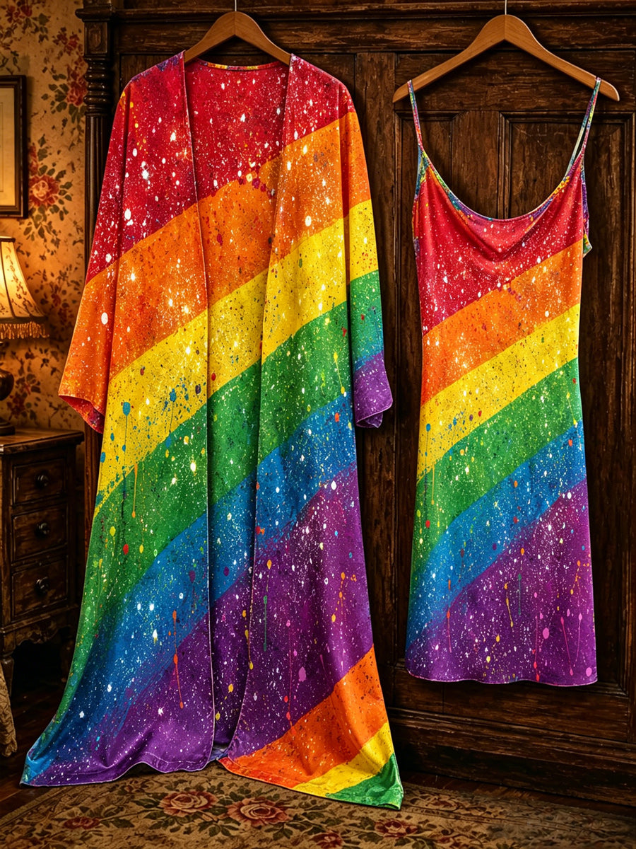 Retro Pride Month Rainbow Art Printed Vintage Camisole Dress Long Sleeve Two-Piece Midi Dress