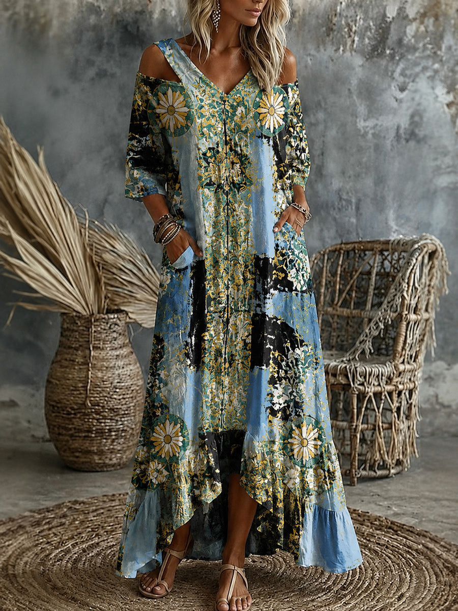 Women's Retro Art Print Washed Cotton V-Neck Maxi Dress