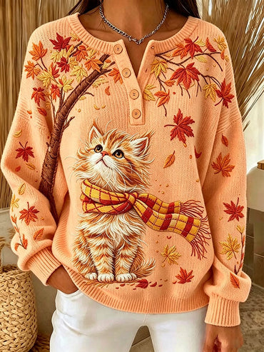 Women's Casual Print Button-Up Collar Knit Top