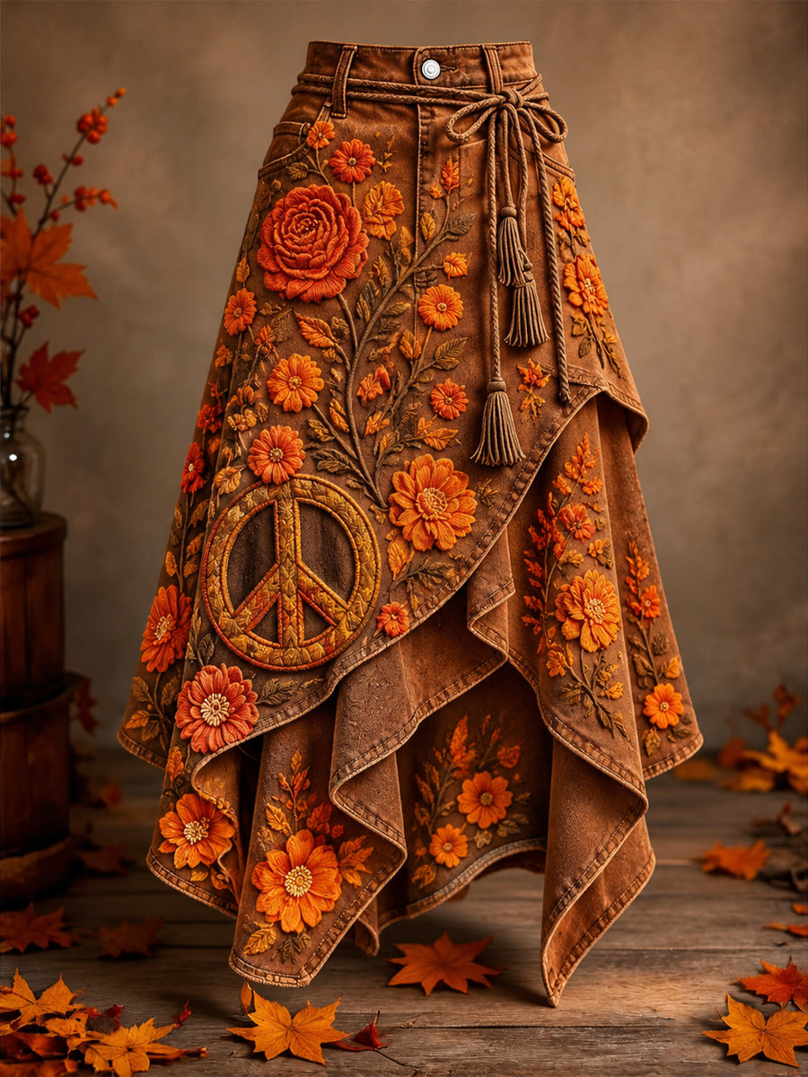 Women's Retro Style Art Print Irregularly Layered Stitched Skirt