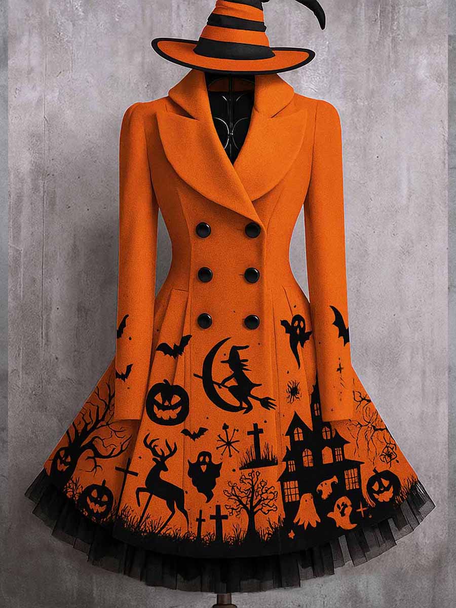 Raven Floral Art Print Vintage Elegant Lapel V-Neck Button Up Long Sleeve Coat Dress