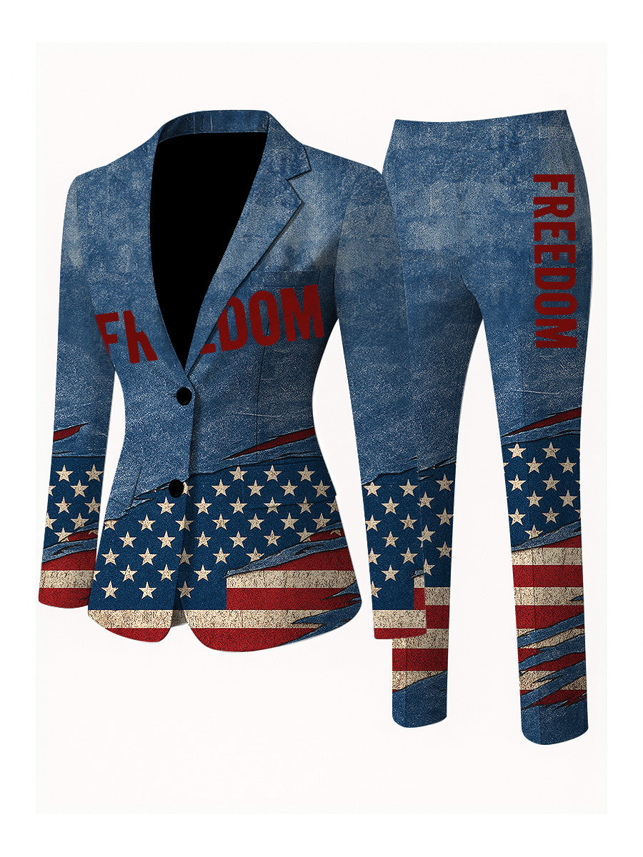 Women's Freedom American Flag Print Casual Blazer Trousers Two-Piece Suits