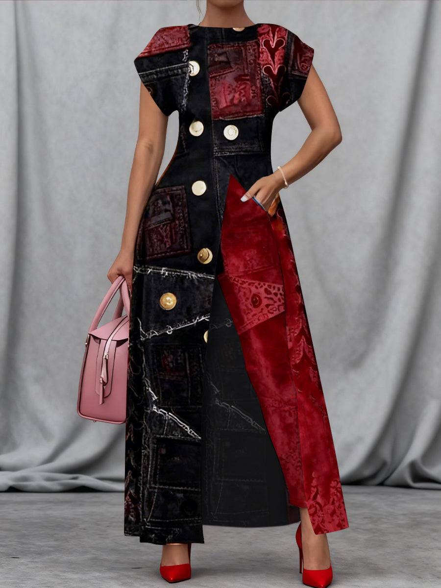 Retro Boho Denim Floral Art Print Vintage Long Split Shirts Dress Skinny Pants Two-Piece Set