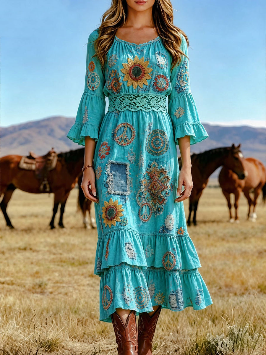 Women's Retro Art Print Washed Cotton Layered Patchwork Midi Dress