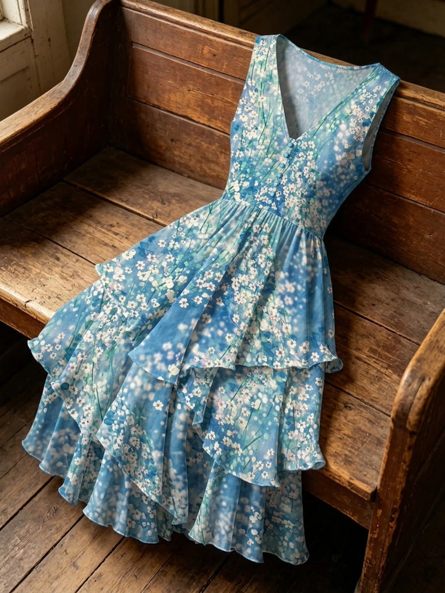 Retro Floral Art Print Casual Vintage V-Neck Button Midi Dress