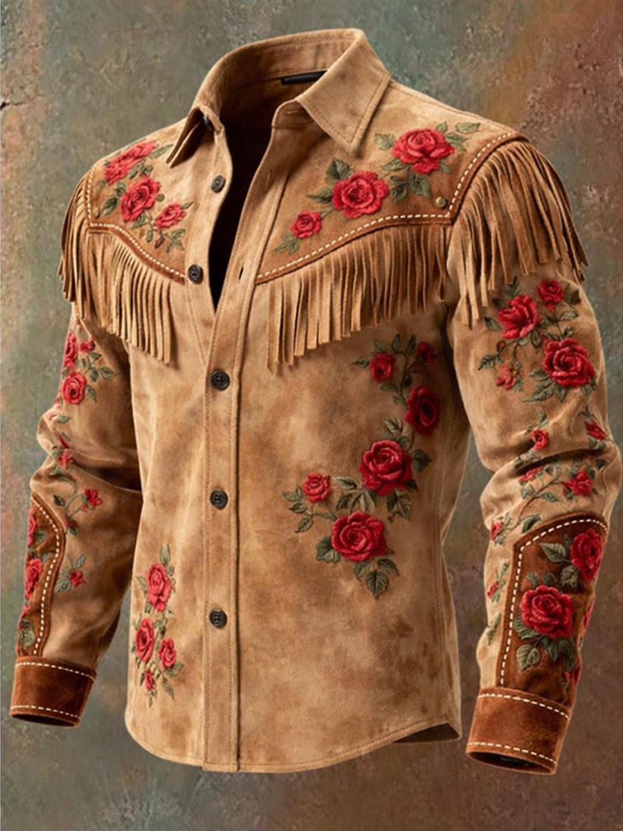 Men's Retro USA Flag Art Print Western Vintage Tassel Casual Long Sleeve Shirt