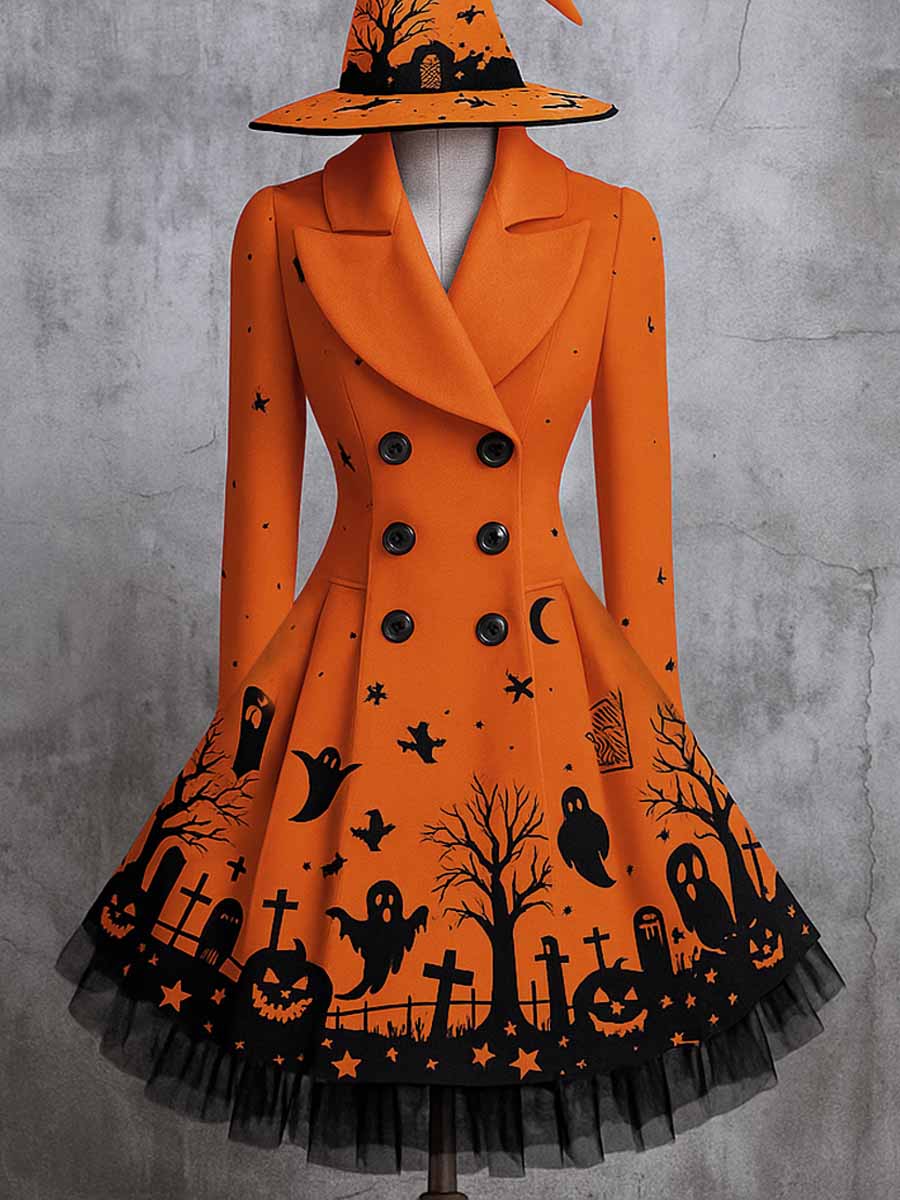 Raven Floral Art Print Vintage Elegant Lapel V-Neck Button Up Long Sleeve Coat Dress