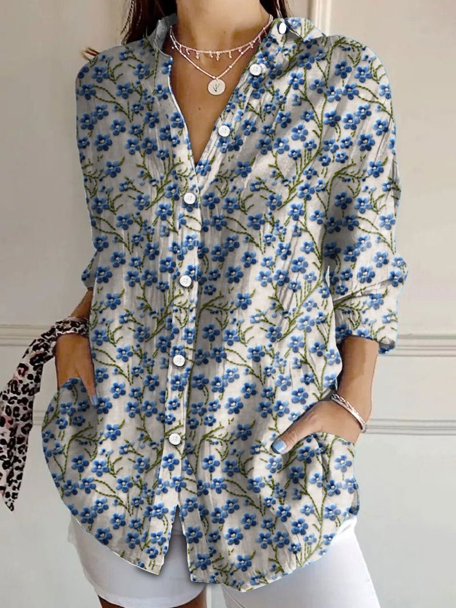 Women's Alzheimer's Awareness Blue Floral Forget-Me-Not Print Lapel Shirt