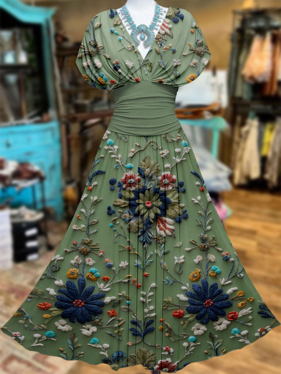 Retro Floral Art Printed Elegant V-Neck Vintage Batwing Short Sleeve Maxi Dress