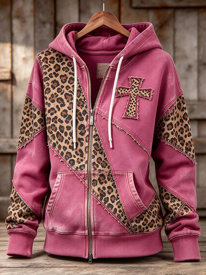 Women's Retro Faith Cross Leopard Print Patchwork Casual Hoodie